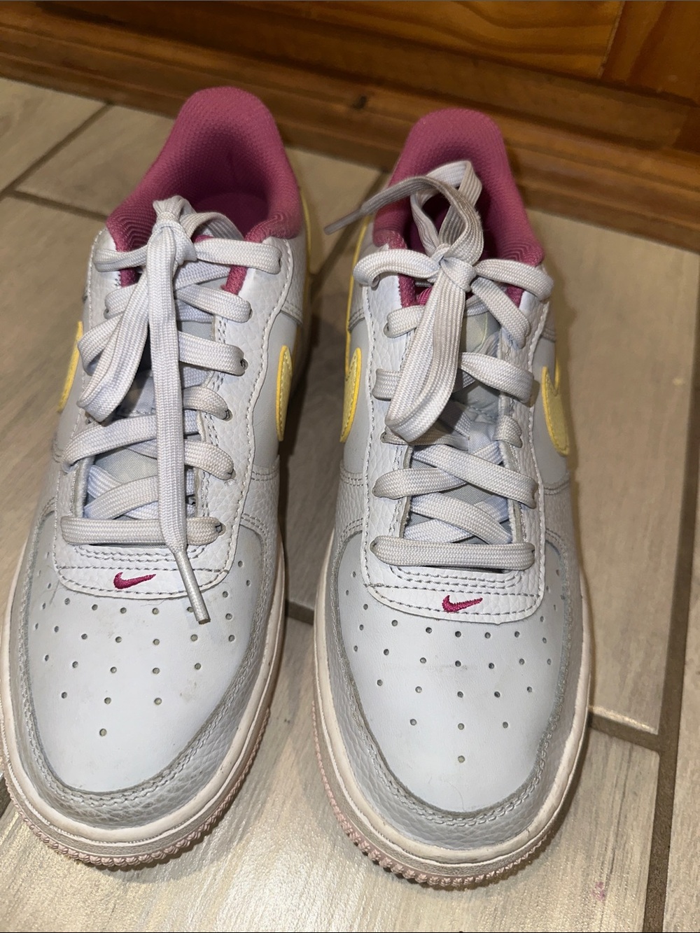 Kids White Sneakers with Pink Lining and Yellow Accent